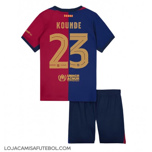 Camisa de Futebol Barcelona Jules Kounde #23 Equipamento Principal Infantil 2024-25 Manga Curta (+ Calças curtas)